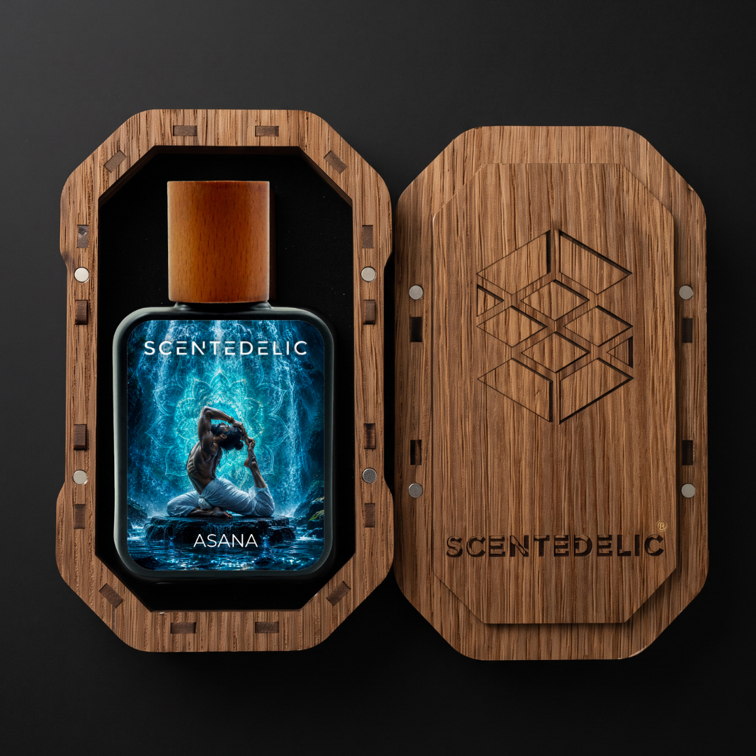 Scentedelic Asana luxury perfume bottle in a wooden decorative box.