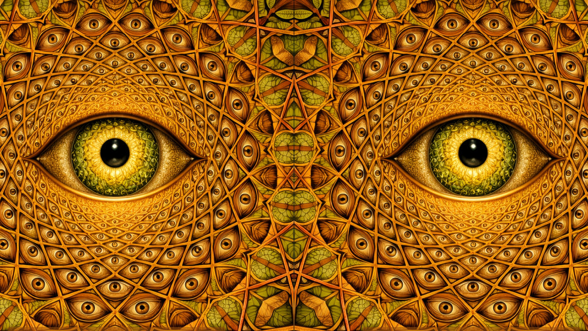 Psychedelic fractal pattern featuring symmetrical golden eyes and intricate organic textures.