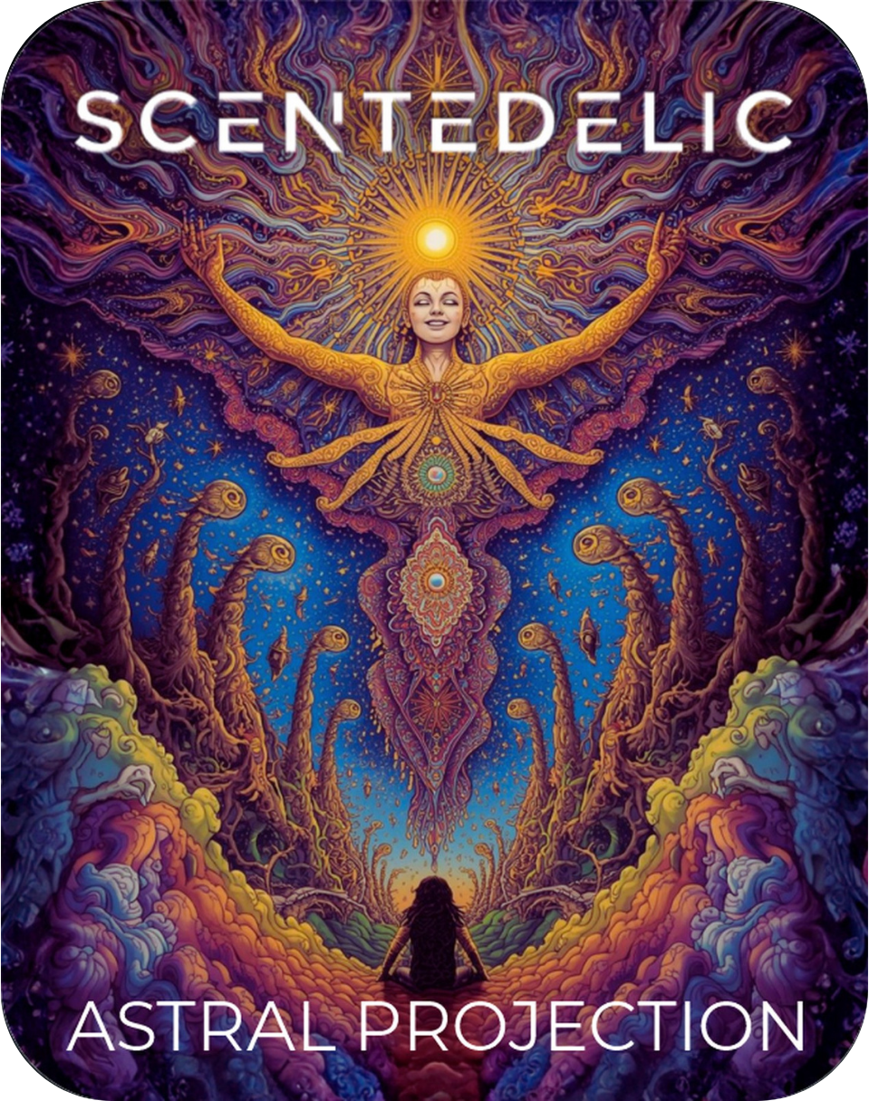 Psychedelic astral projection art featuring a celestial figure and vibrant cosmic patterns.