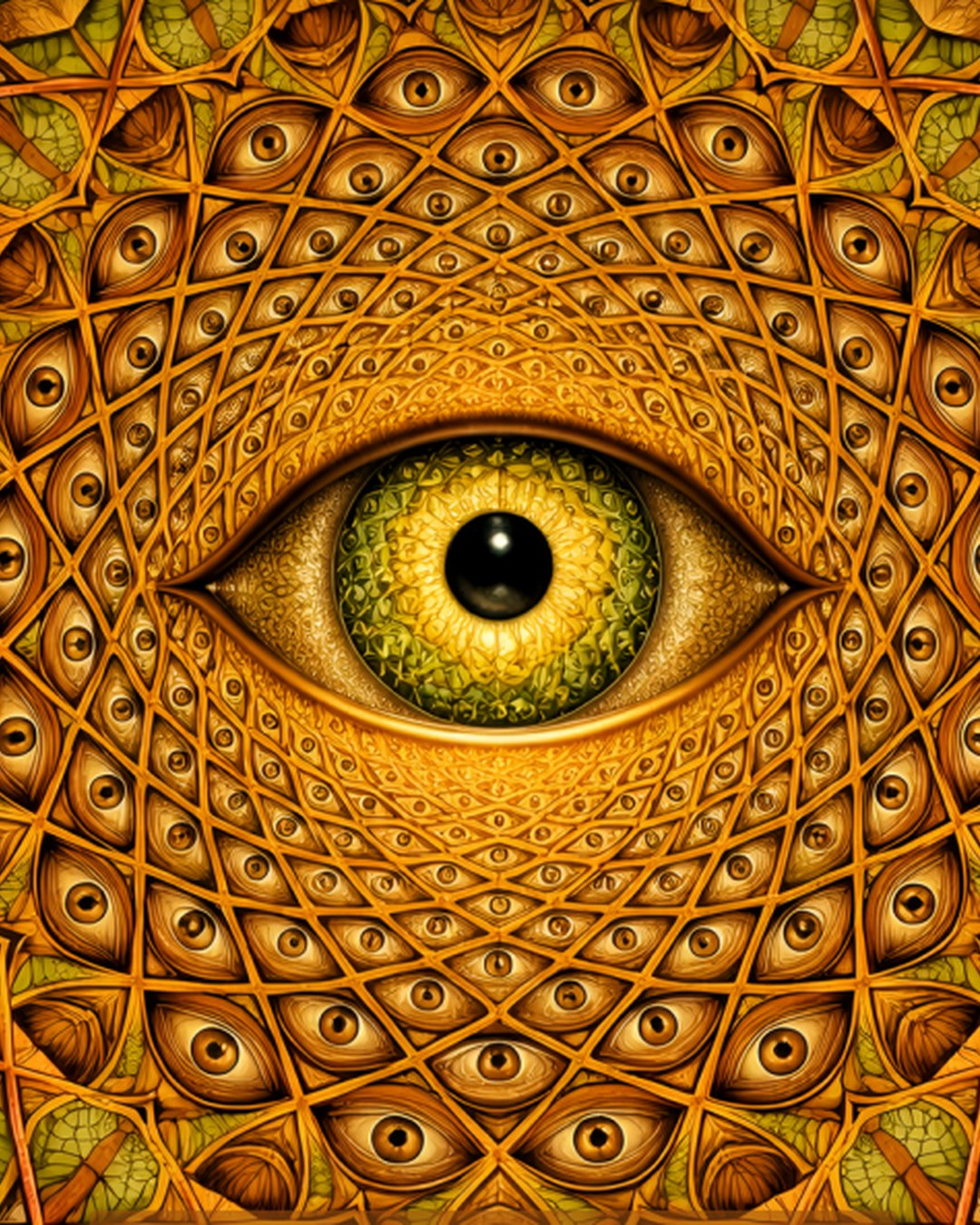 Psychedelic golden fractal pattern featuring a large central eye surrounded by multiple eyes.