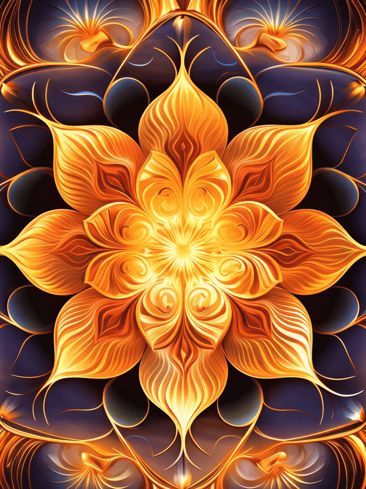 Intricate golden psychedelic mandala with glowing orange floral patterns on a dark background.