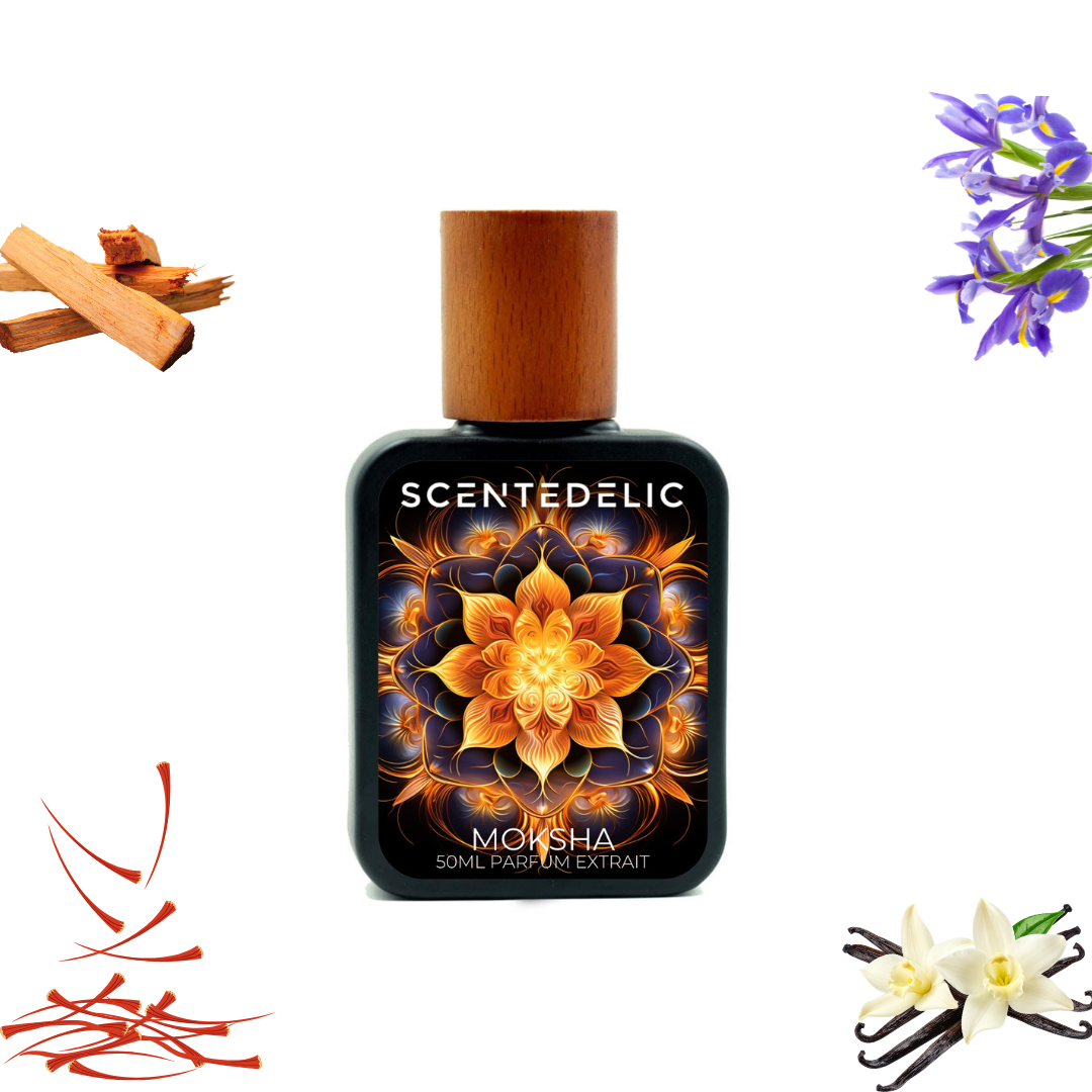 Scentedelic Moksha 50ml Parfum Extrait with psychedelic floral art and sandalwood, iris, vanilla.