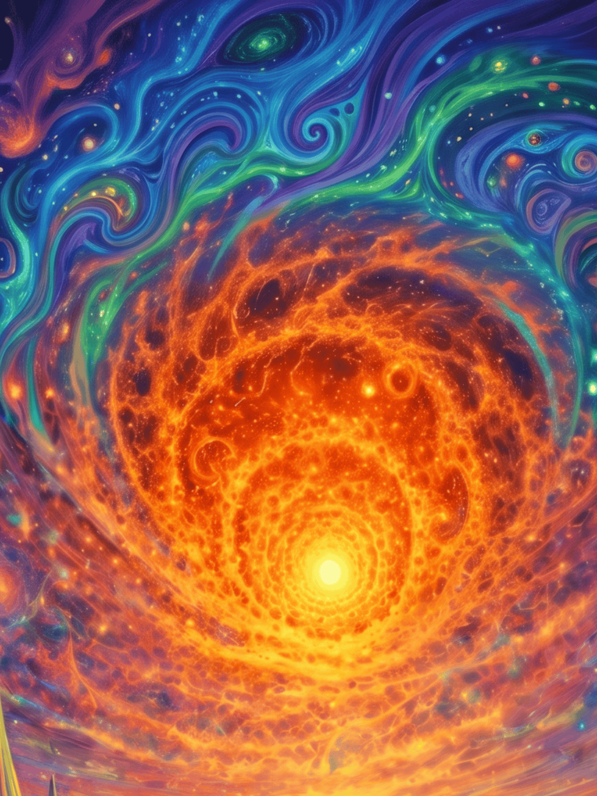 Psychedelic swirling nebula of vibrant orange, blue, and cosmic fractal patterns.