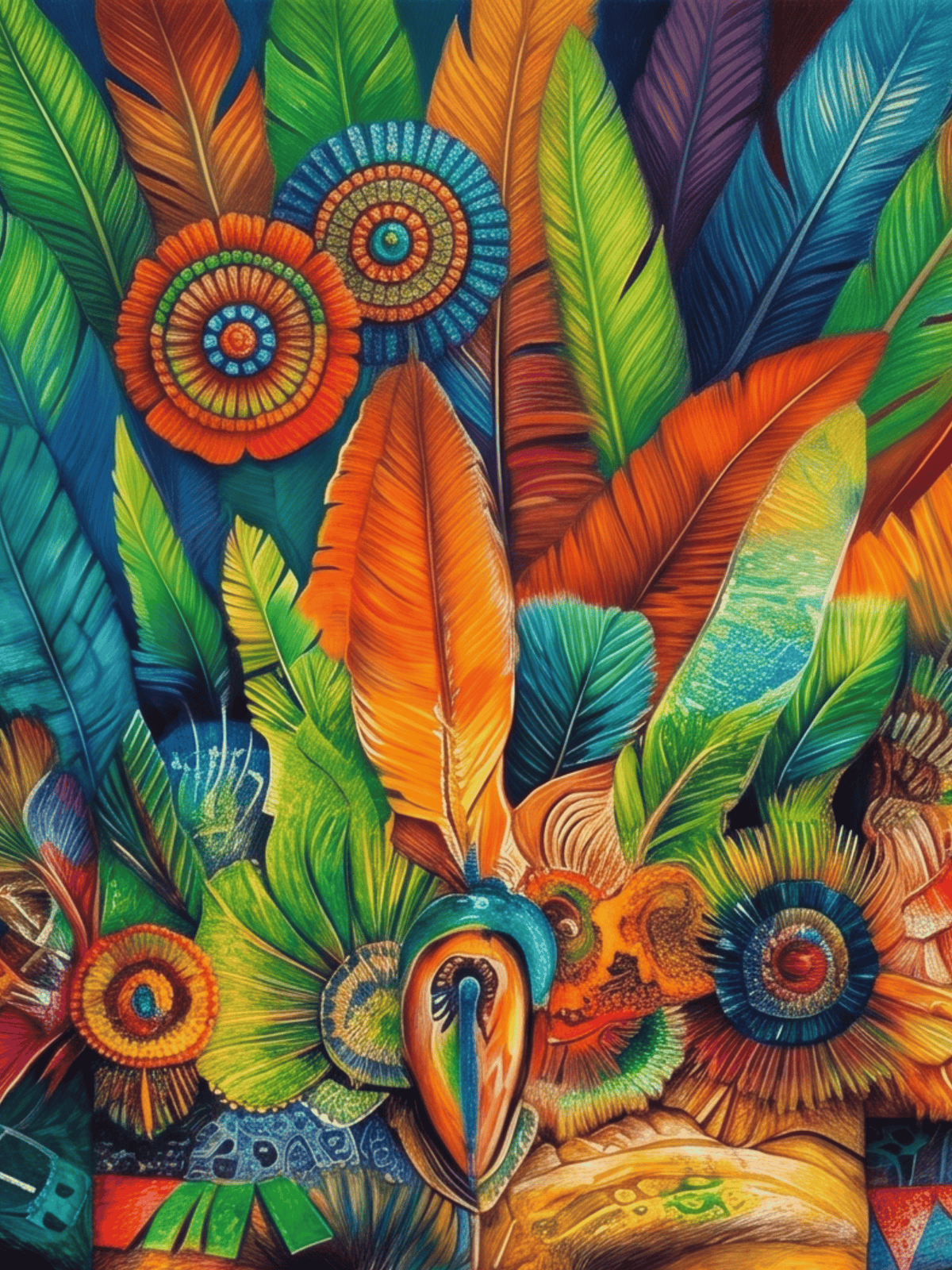 Psychedelic colorful feather pattern with vibrant orange, green, and blue textures.