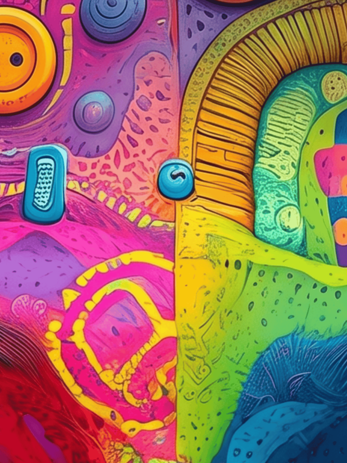Vibrant psychedelic abstract art with swirling colorful patterns and textured shapes.