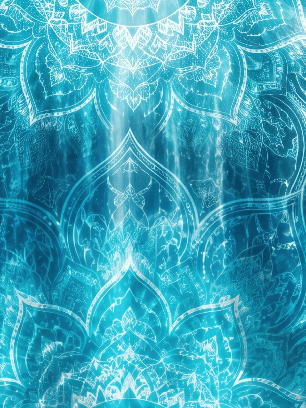 Blue psychedelic mandala pattern with intricate white floral and geometric art details.