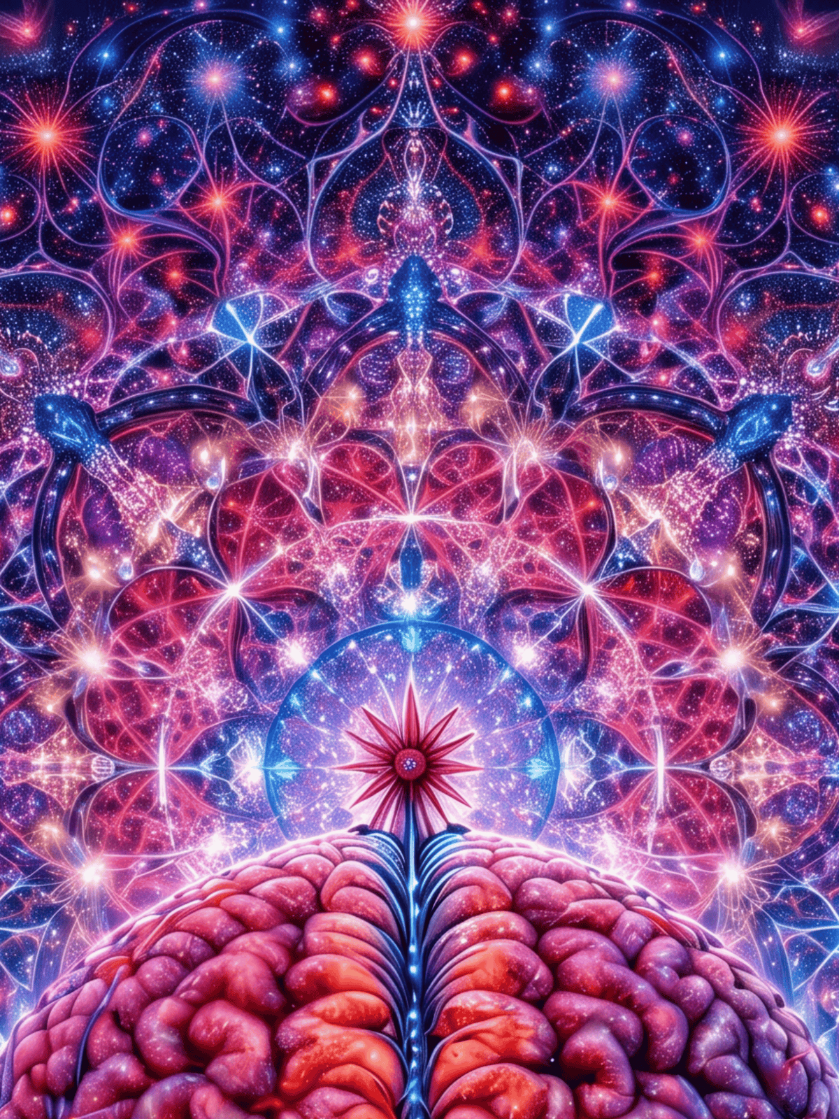 Psychedelic cosmic mandala art with glowing starbursts and a brain silhouette.