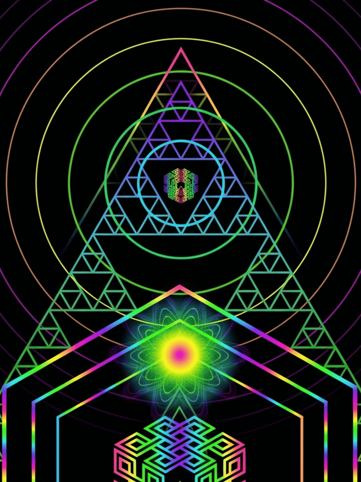 Psychedelic geometric pattern with neon colorful triangles and glowing concentric circles.