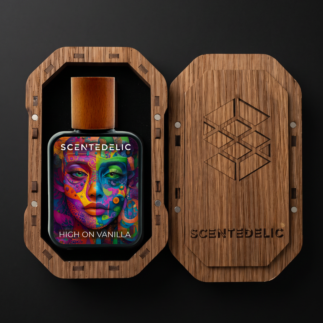 Scentedelic High on Vanilla luxury perfume bottle with psychedelic art in a wooden box.