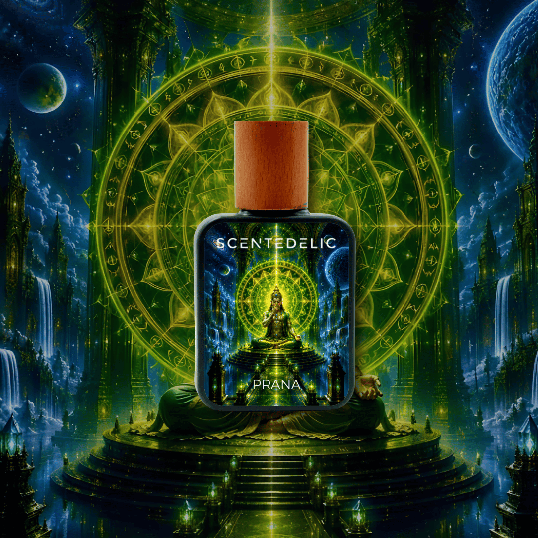 Scentedelic Prana perfume bottle featuring psychedelic mandala art and celestial imagery.