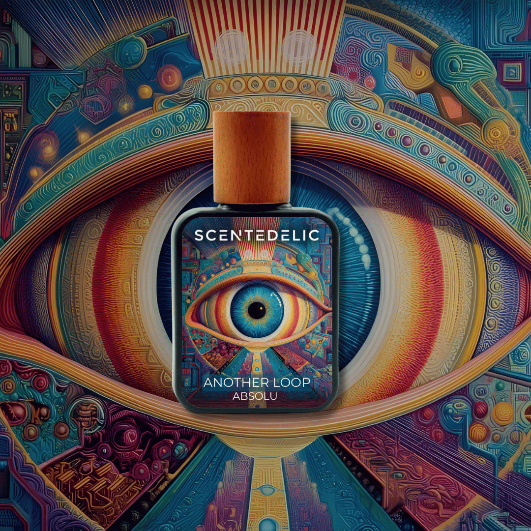 Another Loop Absolu perfume bottle featuring psychedelic eye art on a colorful background.