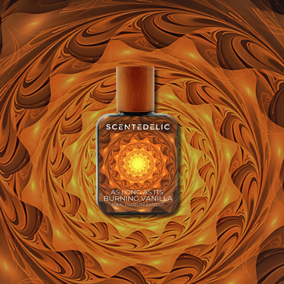 Scentedelic As Long As Its Burning Vanilla perfume bottle against a psychedelic orange swirl pattern.