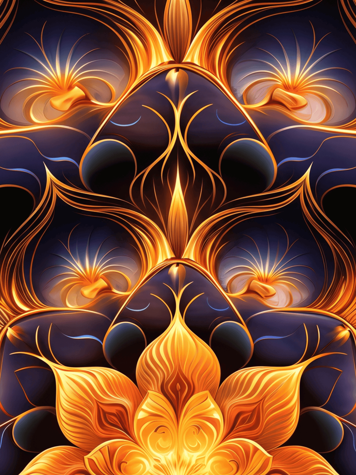 Psychedelic gold and navy blue floral pattern with flowing organic lines.