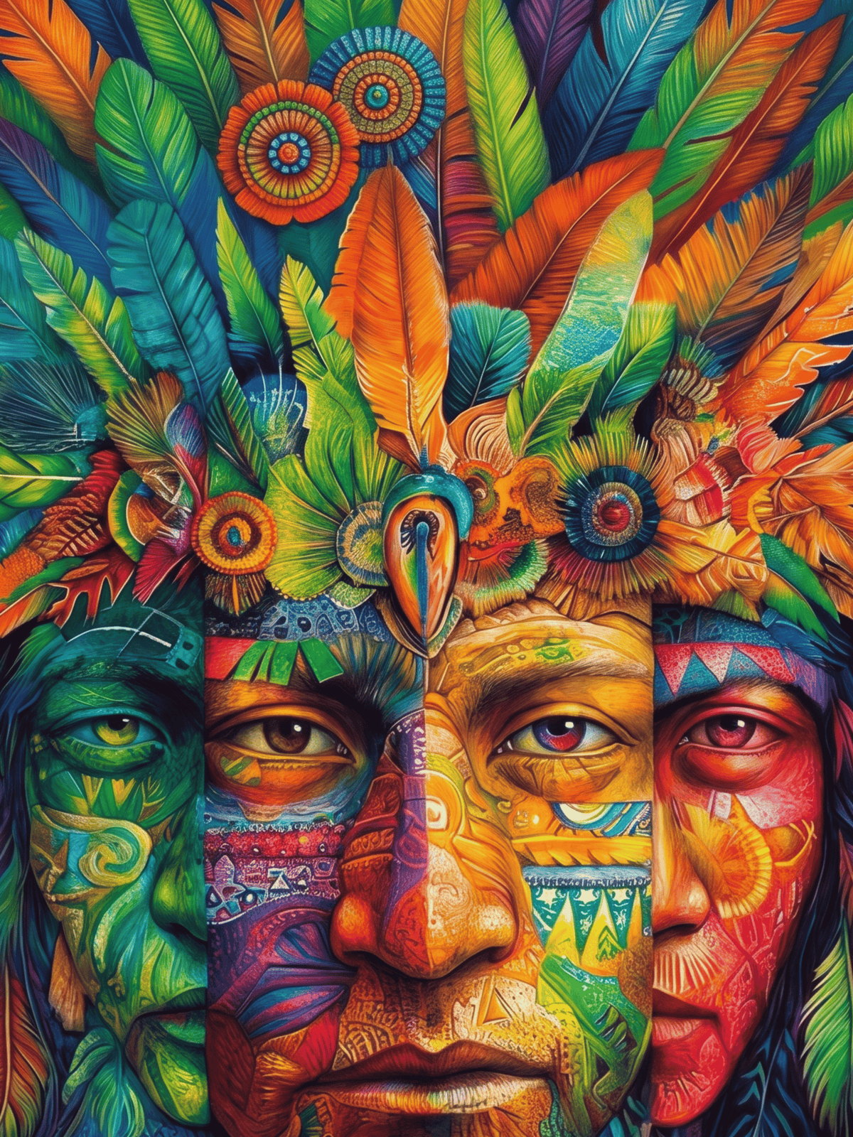 Psychedelic colorful portrait of a person wearing a vibrant feathered headdress.
