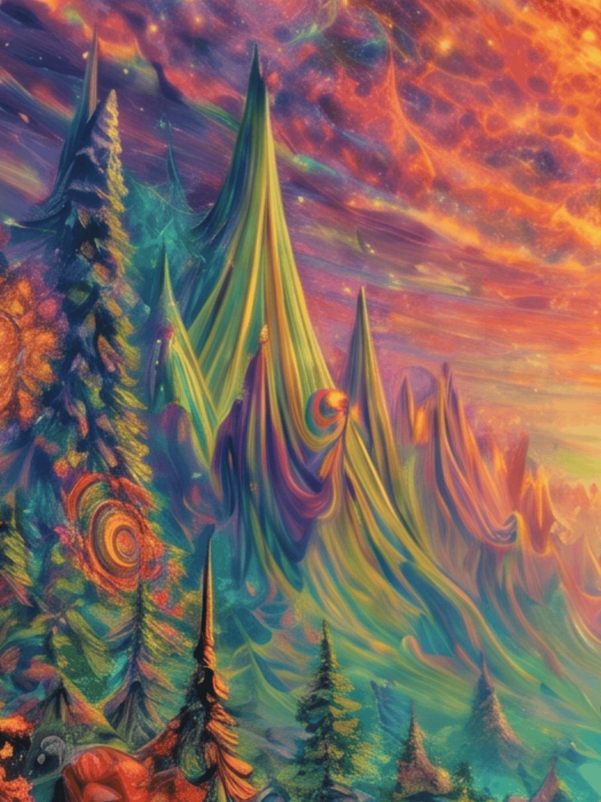 Psychedelic abstract landscape with swirling colorful mountains and vibrant cosmic sky.