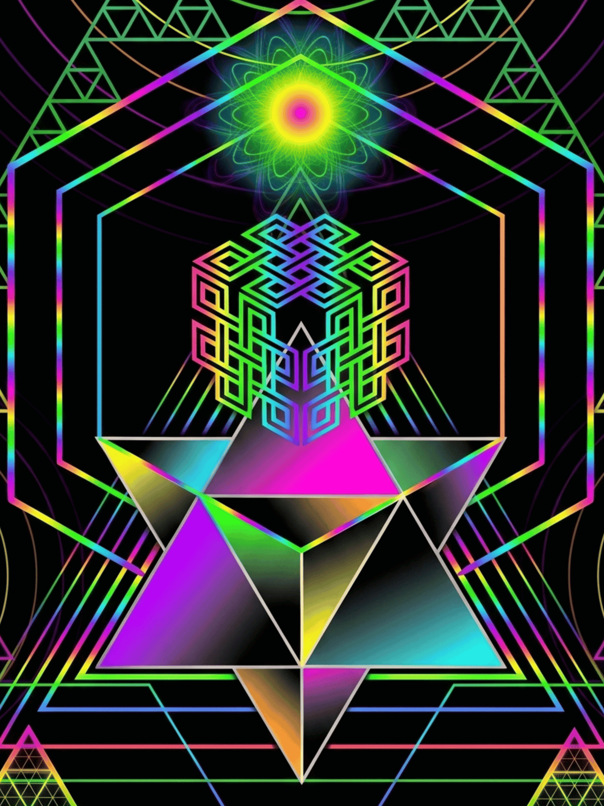 Psychedelic geometric art featuring neon fractal shapes and colorful sacred geometry patterns.