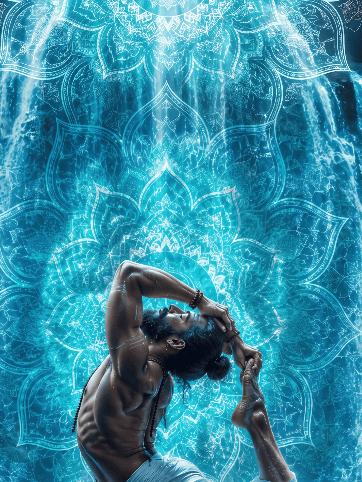 Man performing yoga pose against a glowing blue mandala pattern and waterfall background