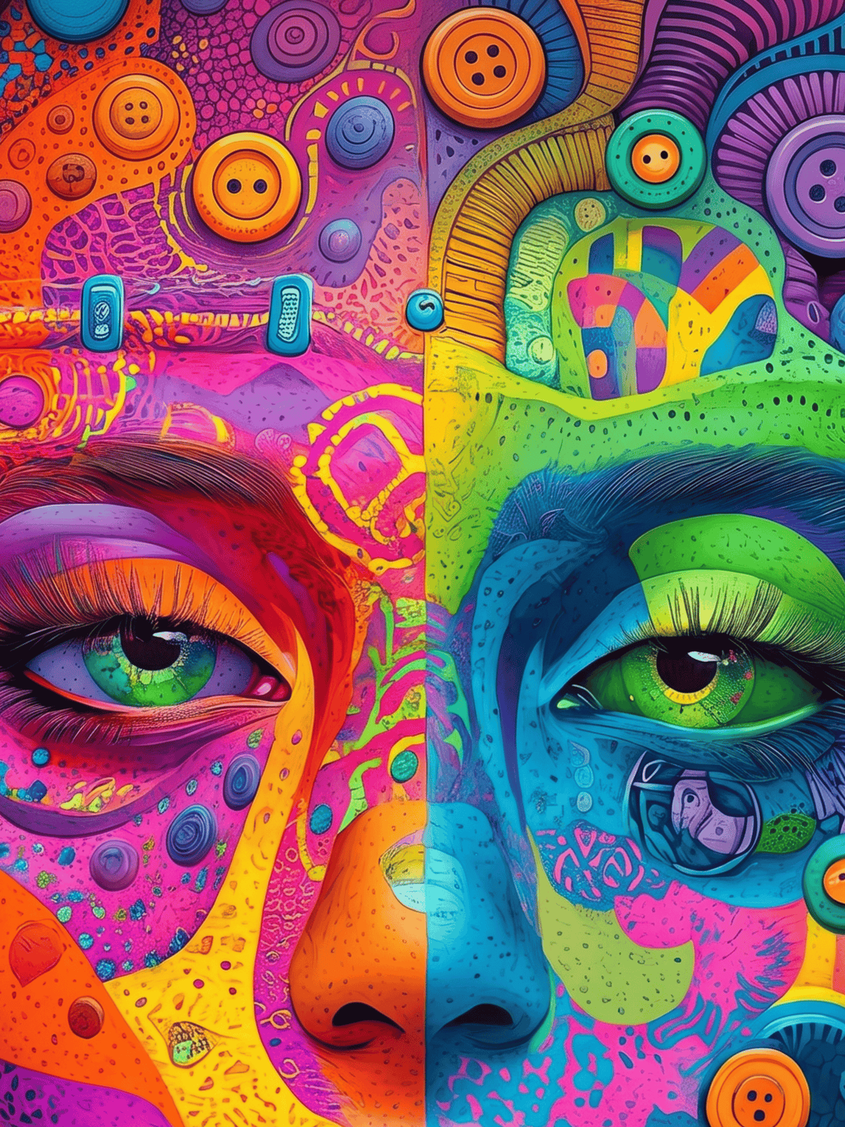 Psychedelic colorful portrait of a face with vibrant patterns and green eyes.