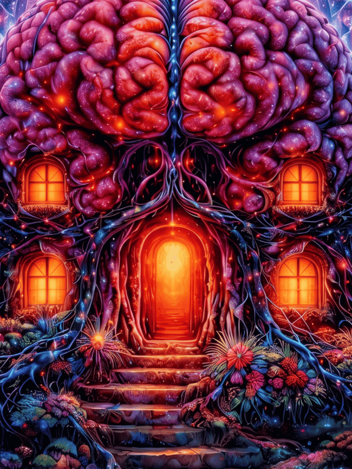 Psychedelic surrealist art featuring a brain-shaped structure with glowing windows and a portal.