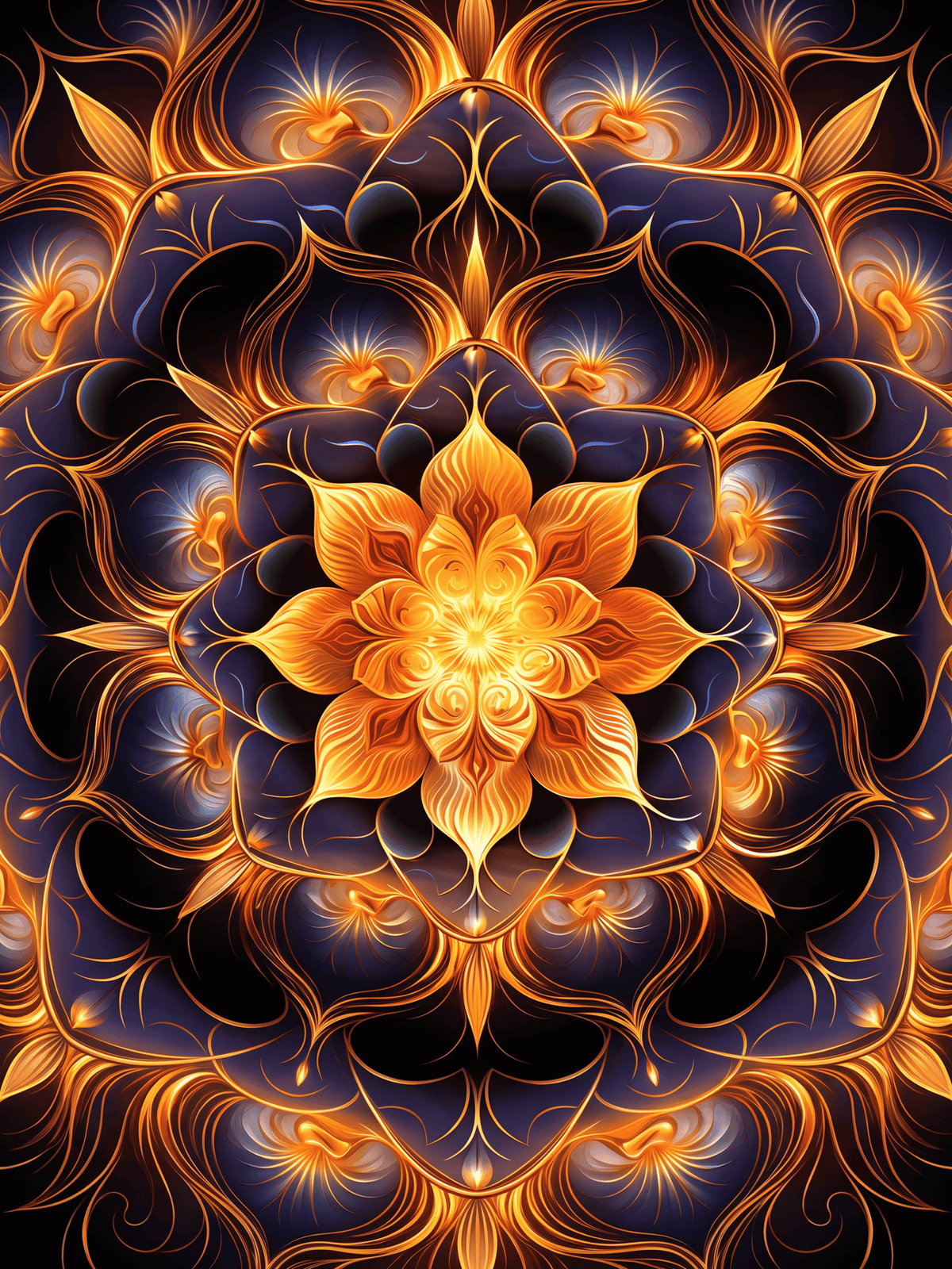 Intricate golden mandala pattern with glowing psychedelic floral motifs on a dark background.