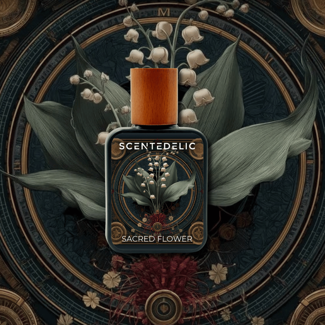 Scentedelic Sacred Flower luxury perfume bottle with lily of the valley art.