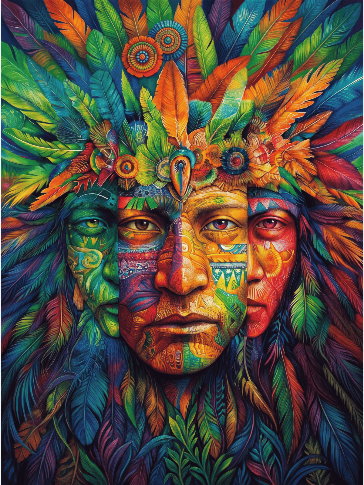 Psychedelic tribal art featuring a colorful indigenous face adorned with vibrant feathers.