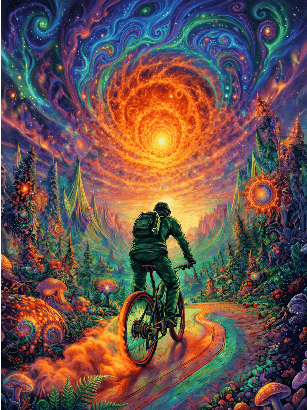 Psychedelic art of a person cycling on a colorful path toward a swirling cosmic sun.