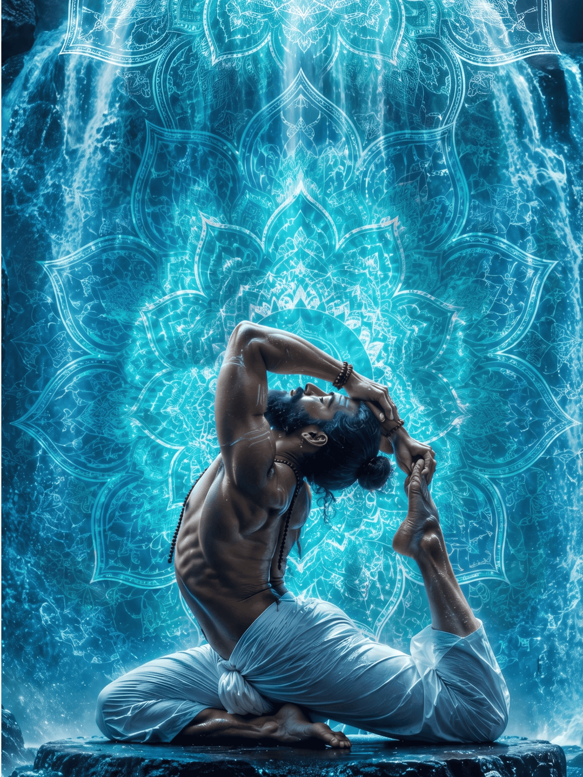 Man performing yoga pose in front of a glowing blue mandala waterfall background.