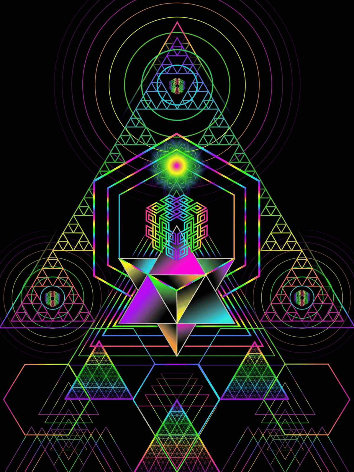 Psychedelic sacred geometry art with glowing neon triangles and kaleidoscopic patterns.