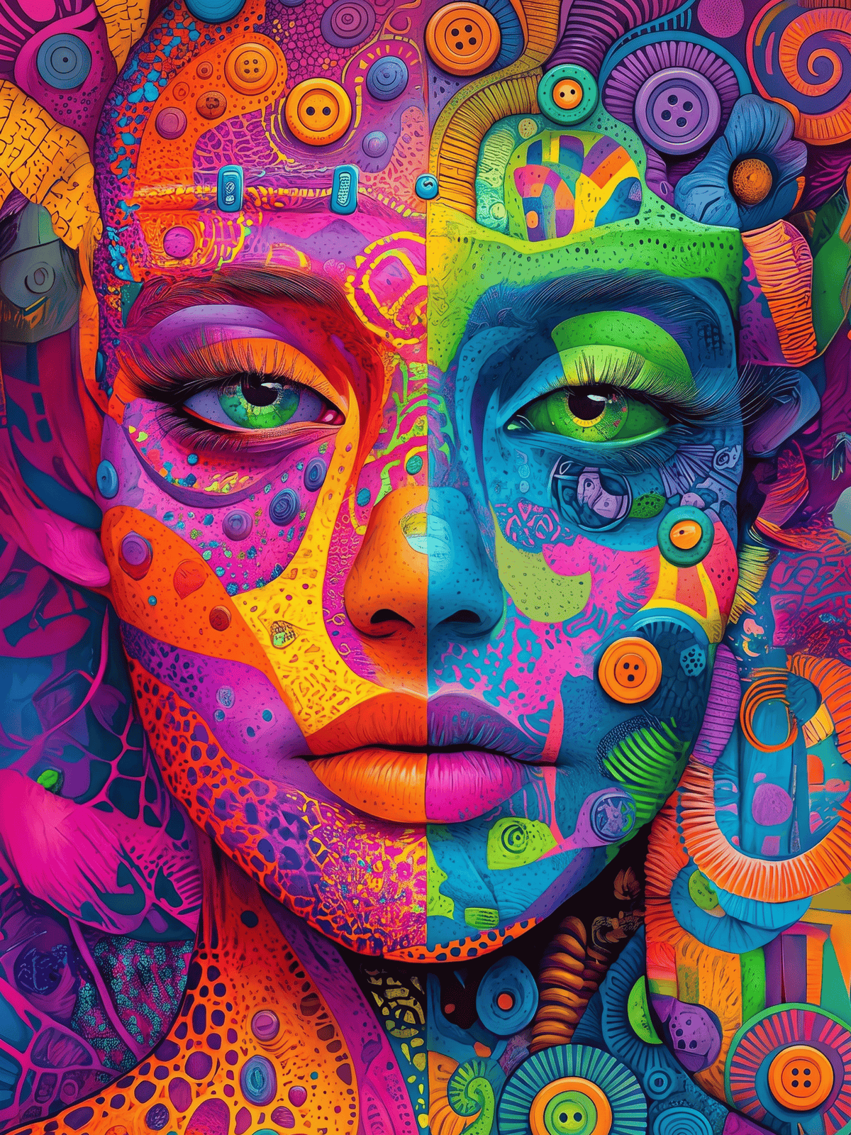 Psychedelic colorful portrait of a woman with vibrant kaleidoscopic patterns and art motifs.