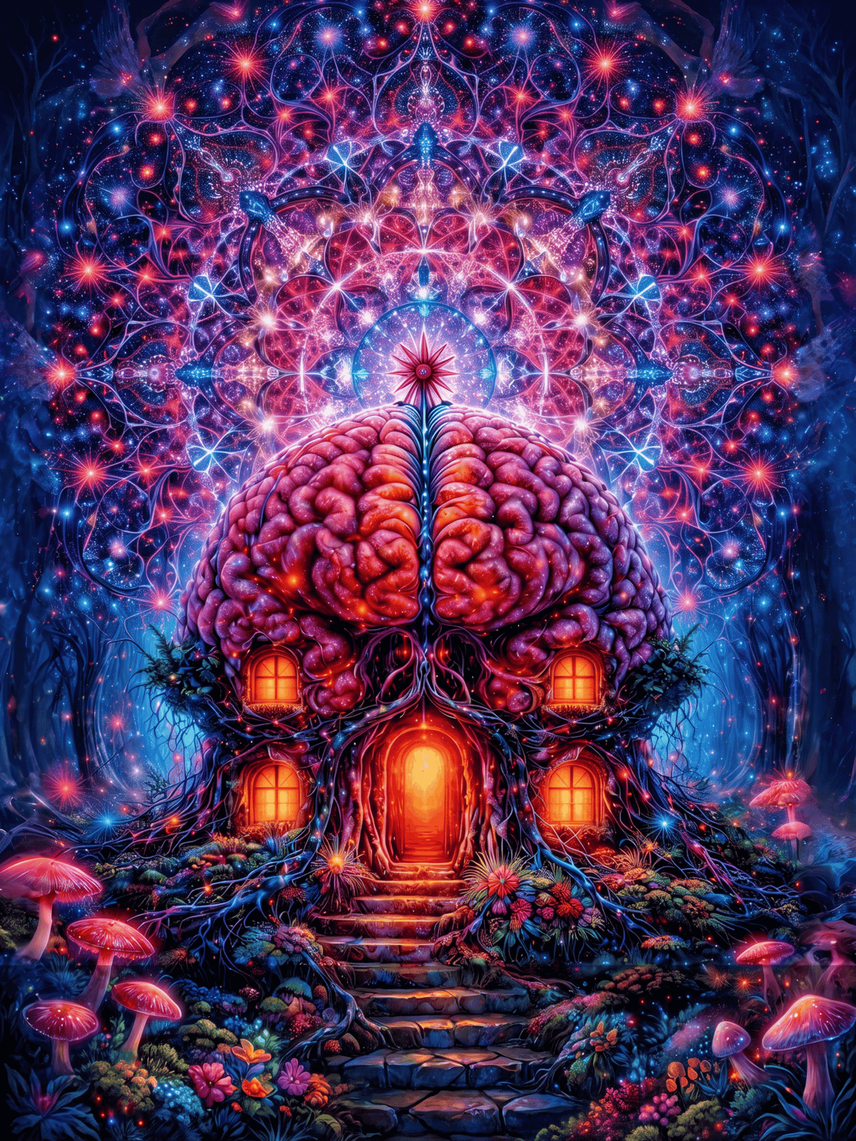 Psychedelic digital art of a brain-shaped house in a glowing cosmic forest with mushrooms.