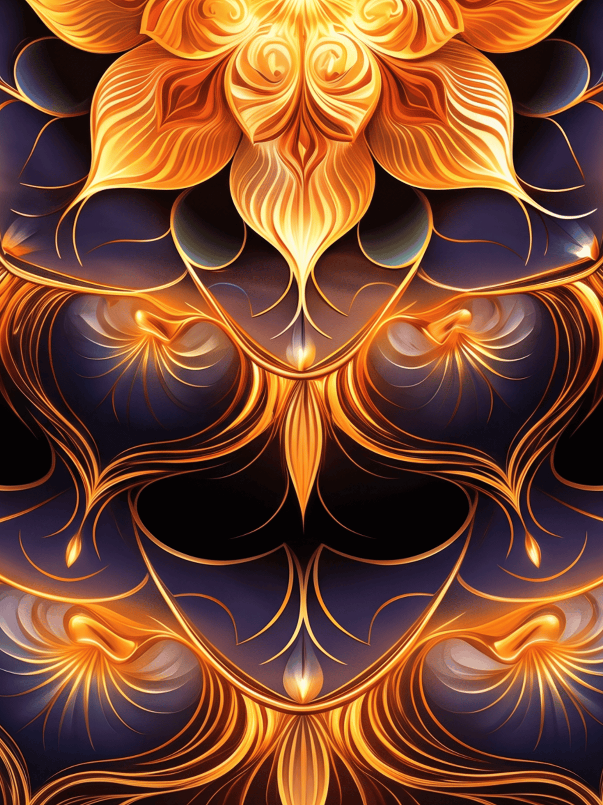 Abstract psychedelic pattern with flowing golden floral motifs on a dark blue background.