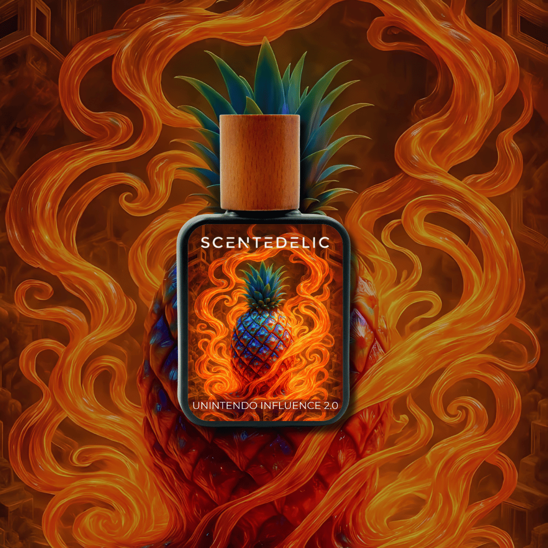 Scentedelic Unintendo Influence 2.0 perfume bottle with psychedelic pineapple art and wooden cap.