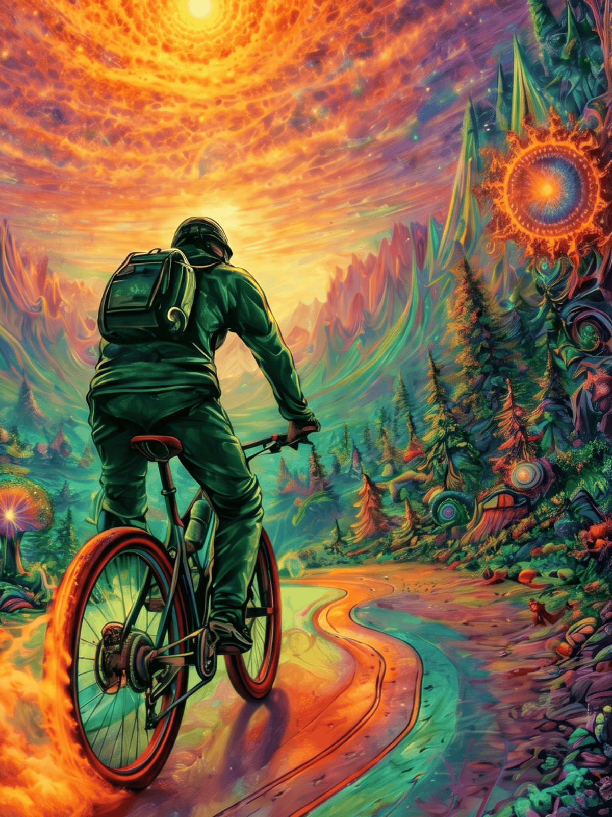 Psychedelic digital art of a cyclist riding through a colorful dreamlike forest landscape.