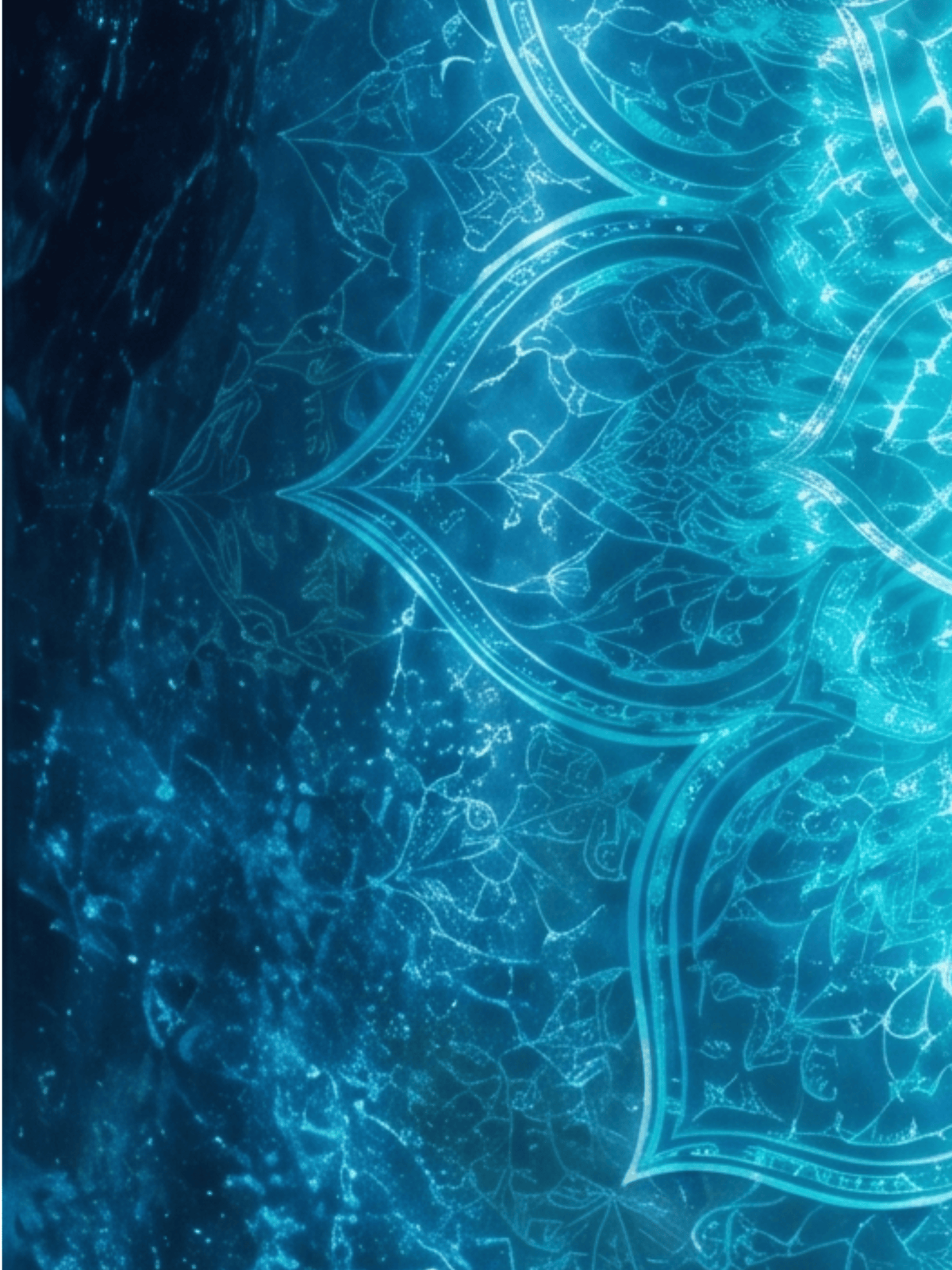 Psychedelic blue mandala pattern with intricate floral and celestial artistic details.