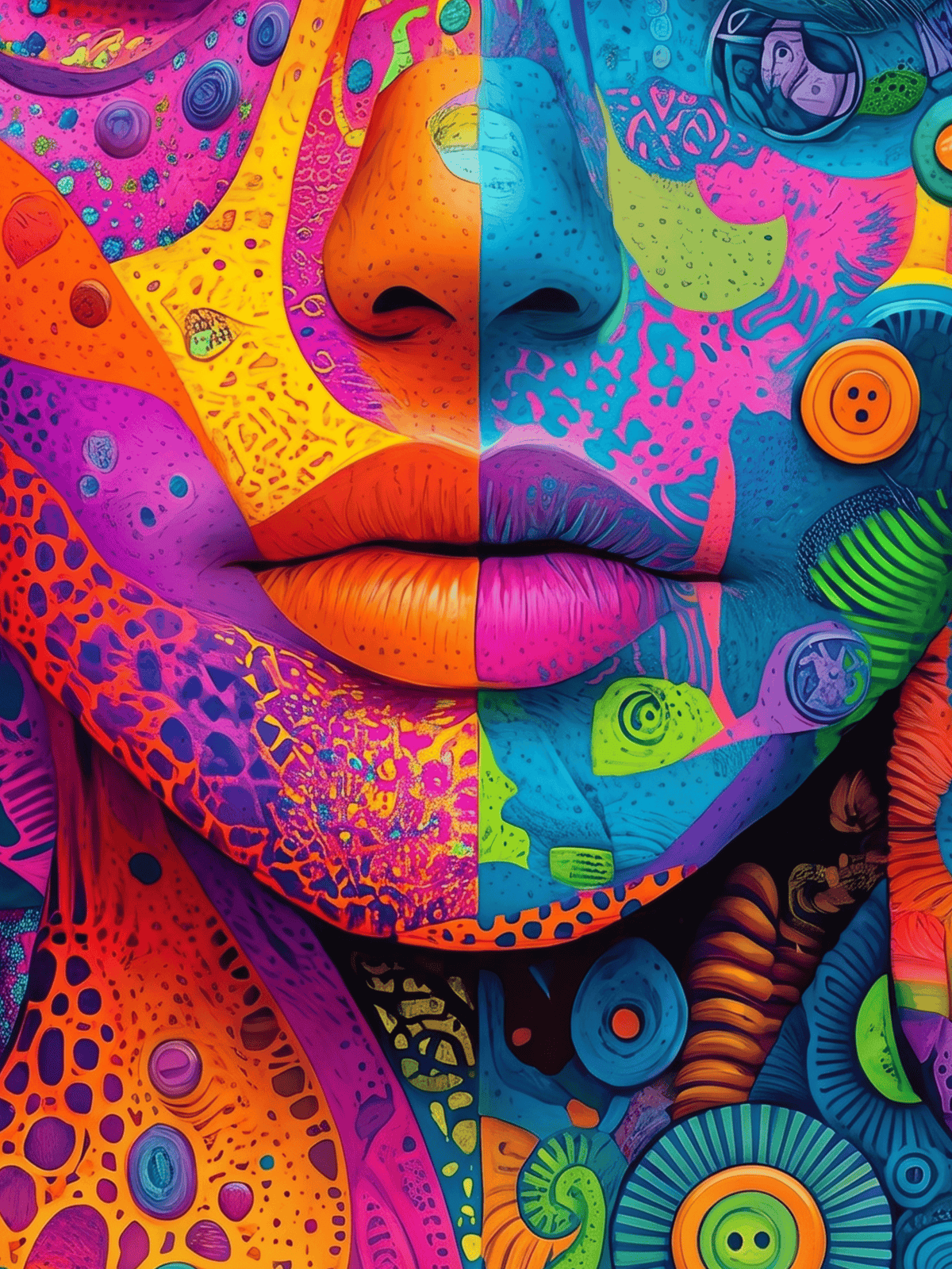 Psychedelic colorful face art with vibrant patterns and abstract shapes