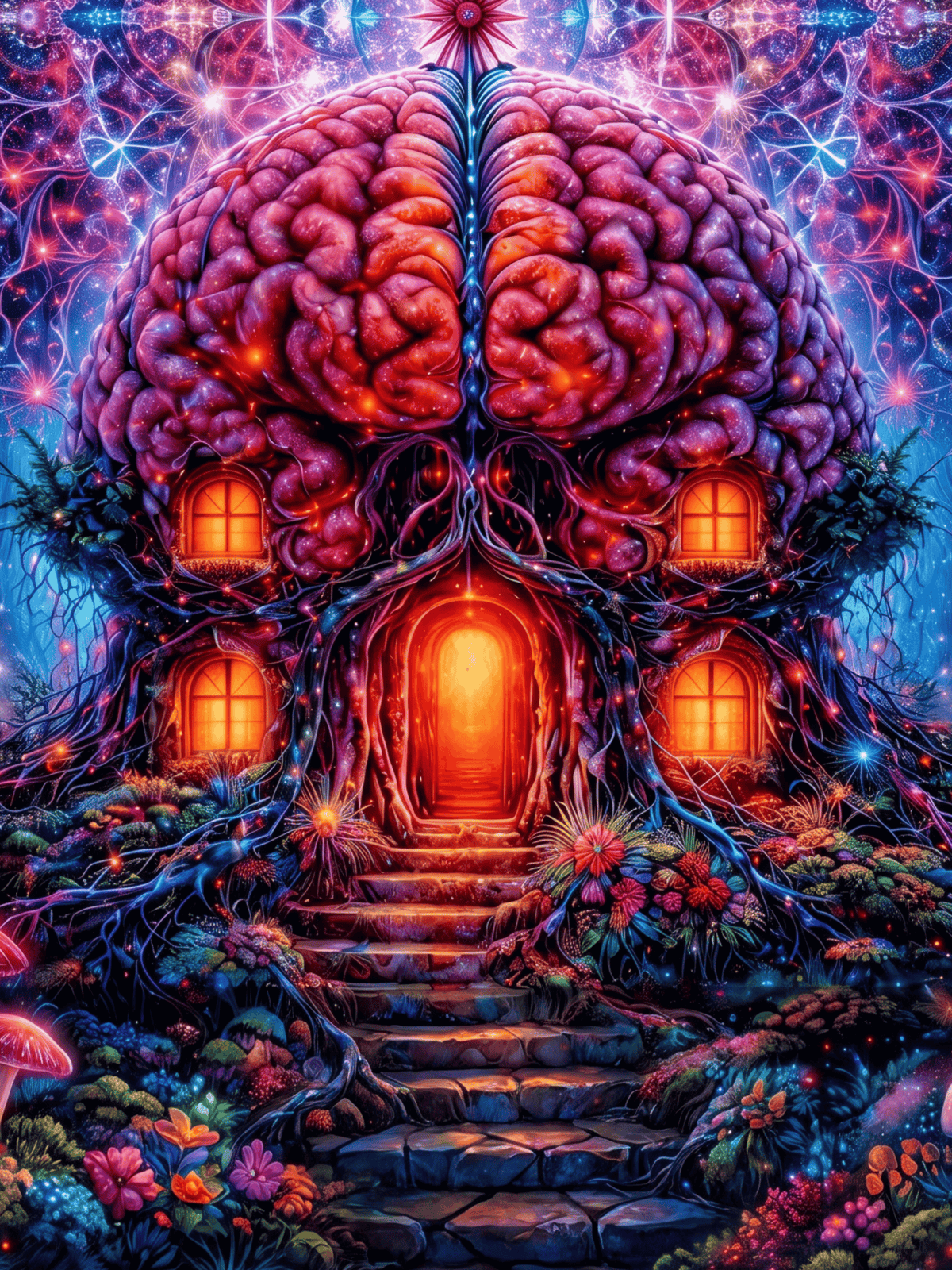 Psychedelic surrealist art featuring a giant human brain forming a mystical forest dwelling.