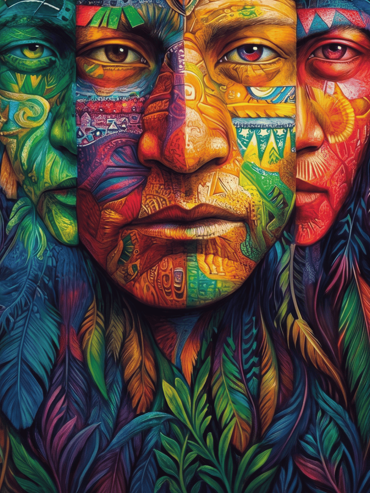 Psychedelic colorful tribal face art with intricate patterns and vibrant feathers.