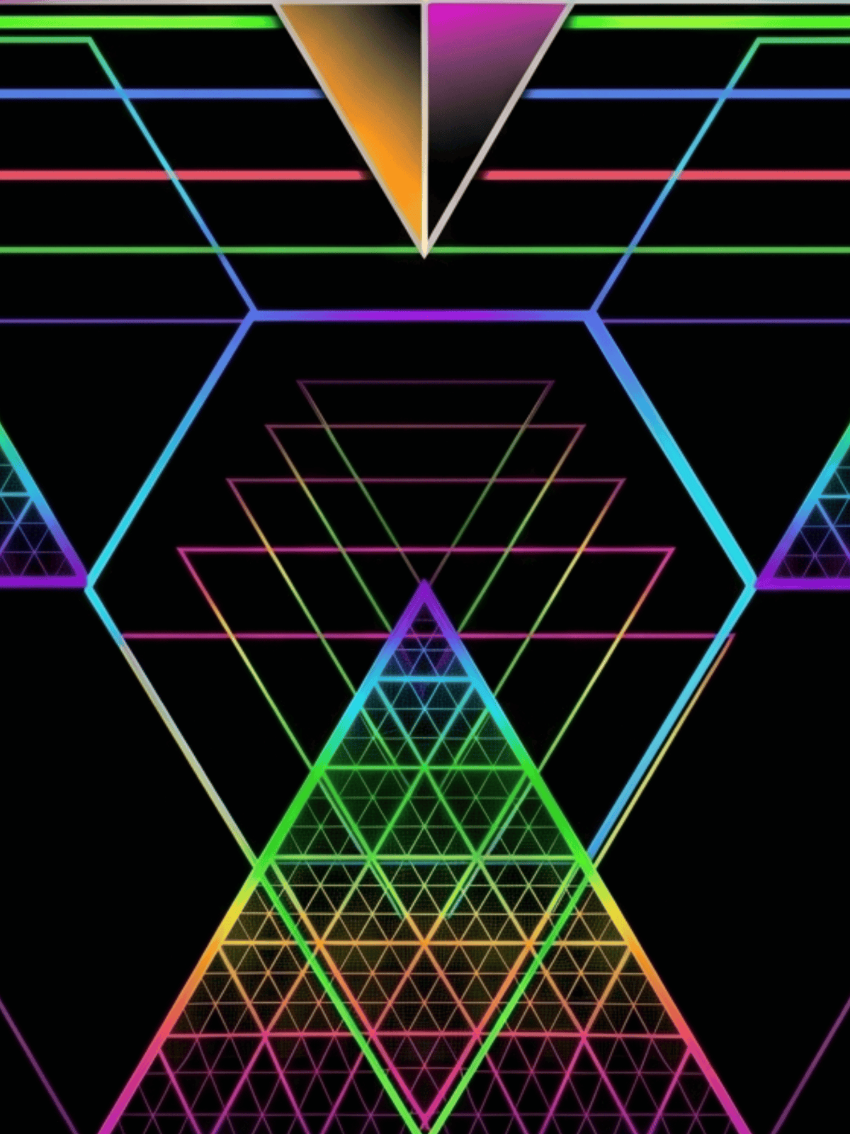 Psychedelic geometric art with neon glowing triangles and colorful fractal patterns on black.