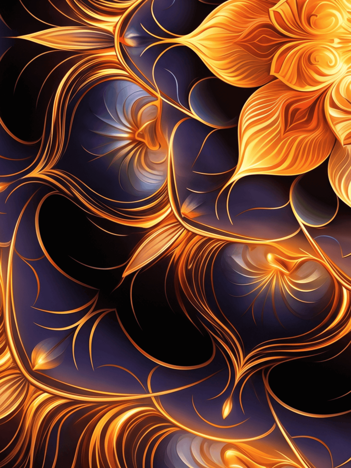 Psychedelic golden floral patterns with swirling orange and deep blue ornamental art.