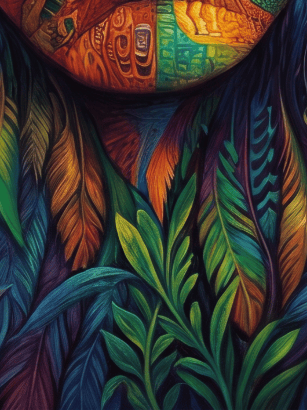 Psychedelic abstract art featuring vibrant colorful feathers and lush green tropical leaves.