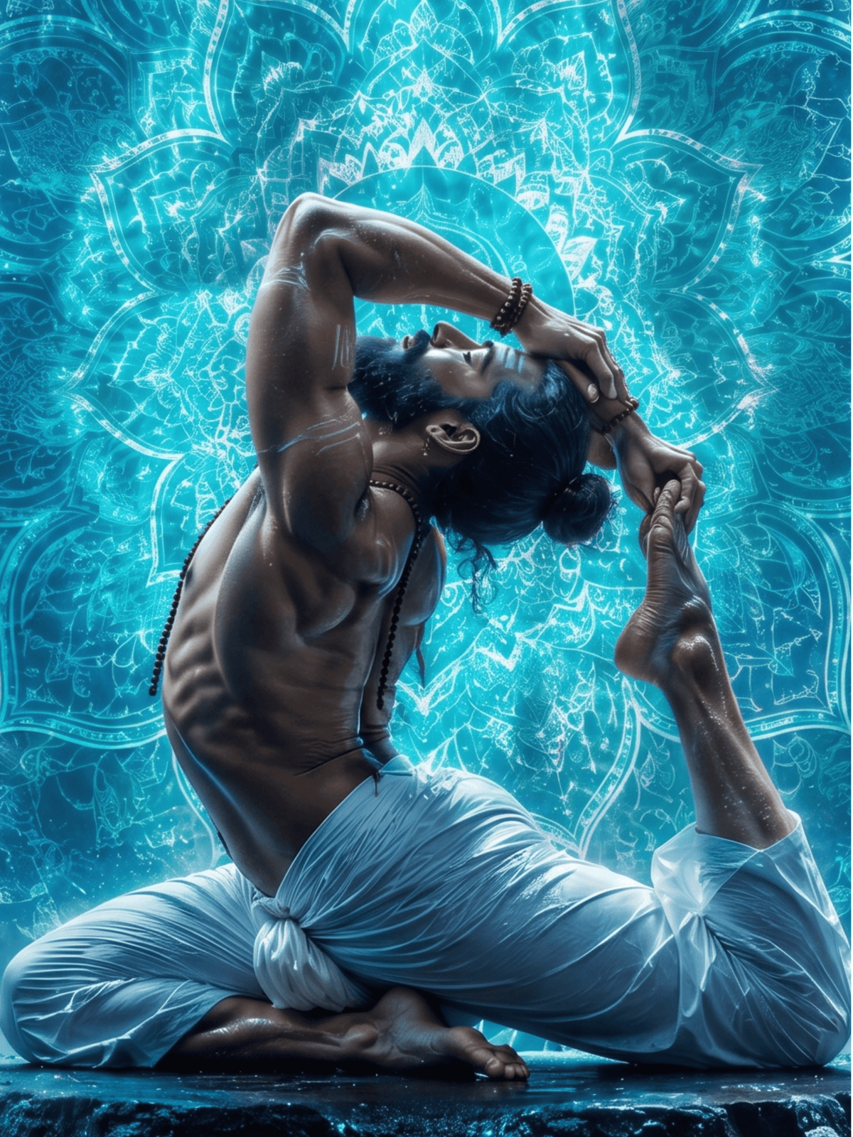 Muscular man performing advanced yoga pose against a glowing blue psychedelic mandala background.