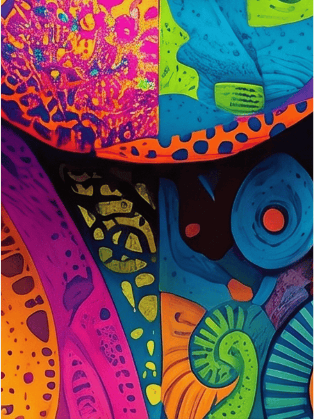 Vibrant psychedelic abstract art with swirling neon colors and kaleidoscopic patterns.