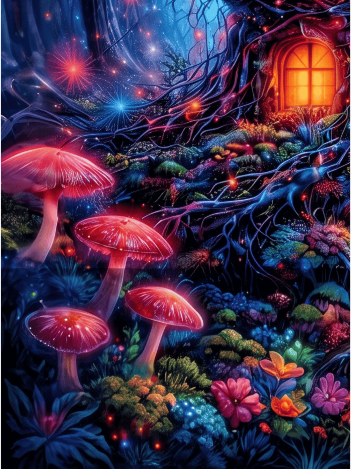 Psychedelic dreamscape featuring glowing pink mushrooms and a magical cottage in a cosmic forest.