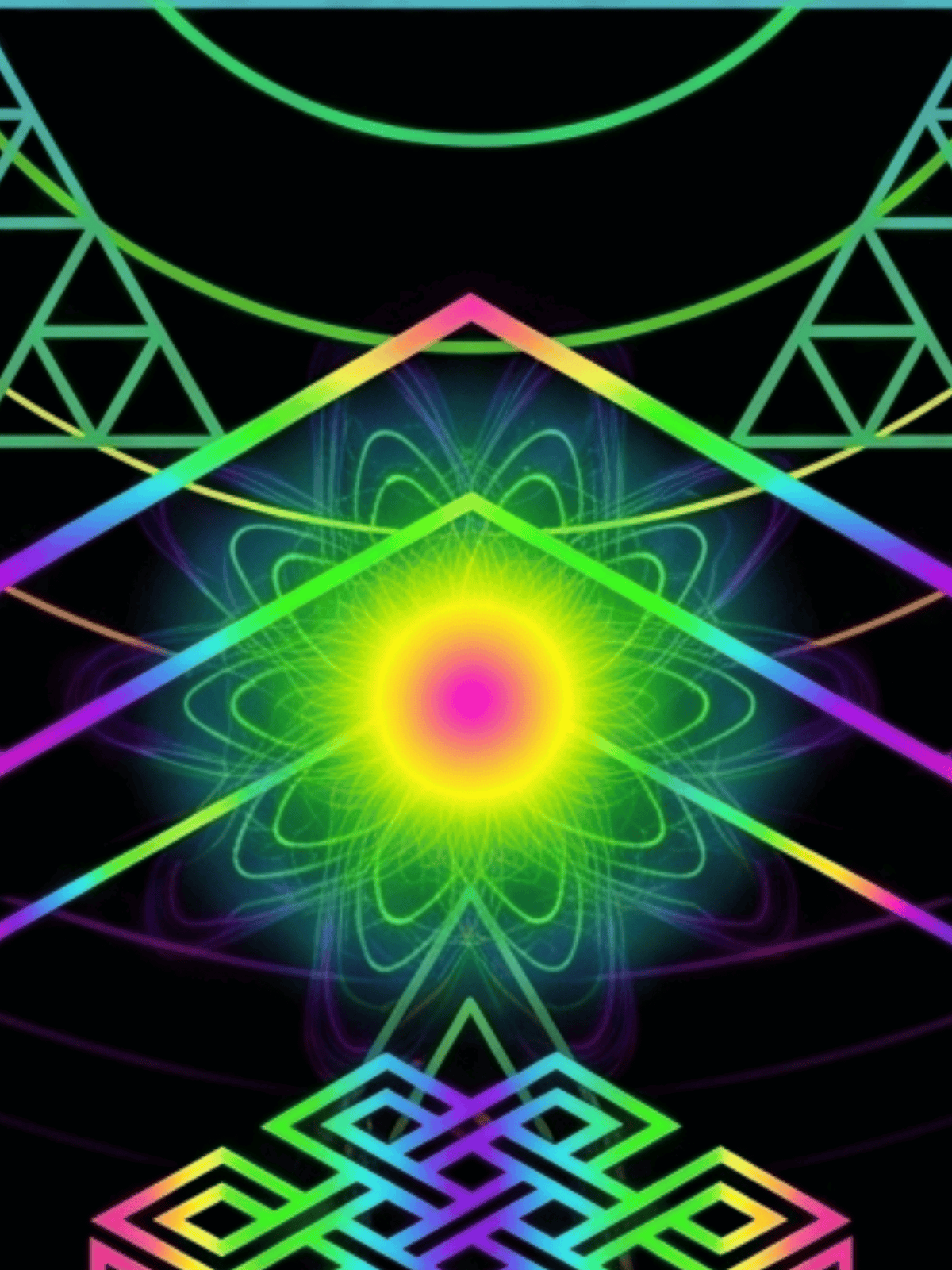 Psychedelic geometric art with neon glowing fractal patterns and a central sunburst on black.