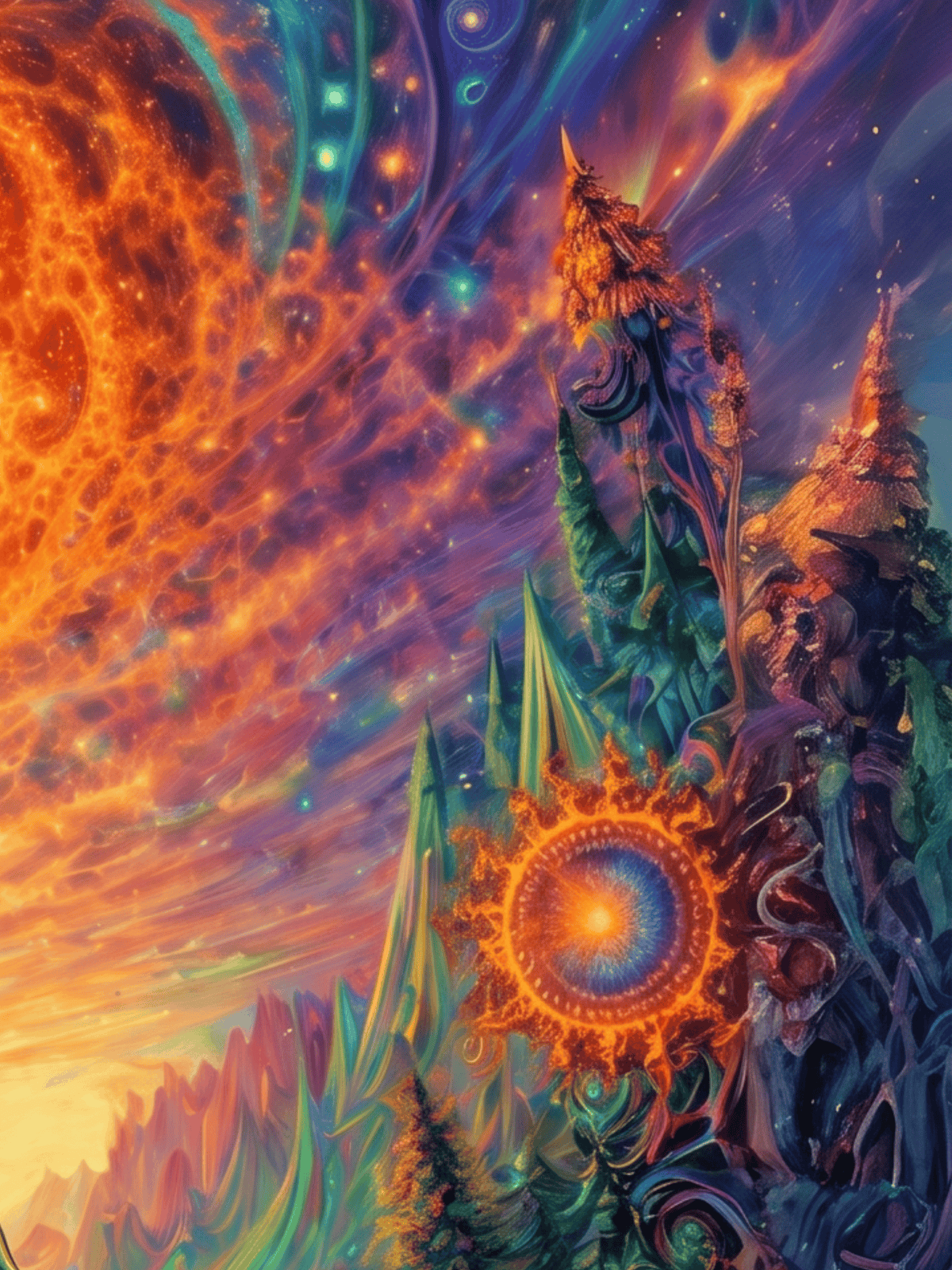 Psychedelic abstract landscape with vibrant swirling cosmic colors and surreal organic structures.