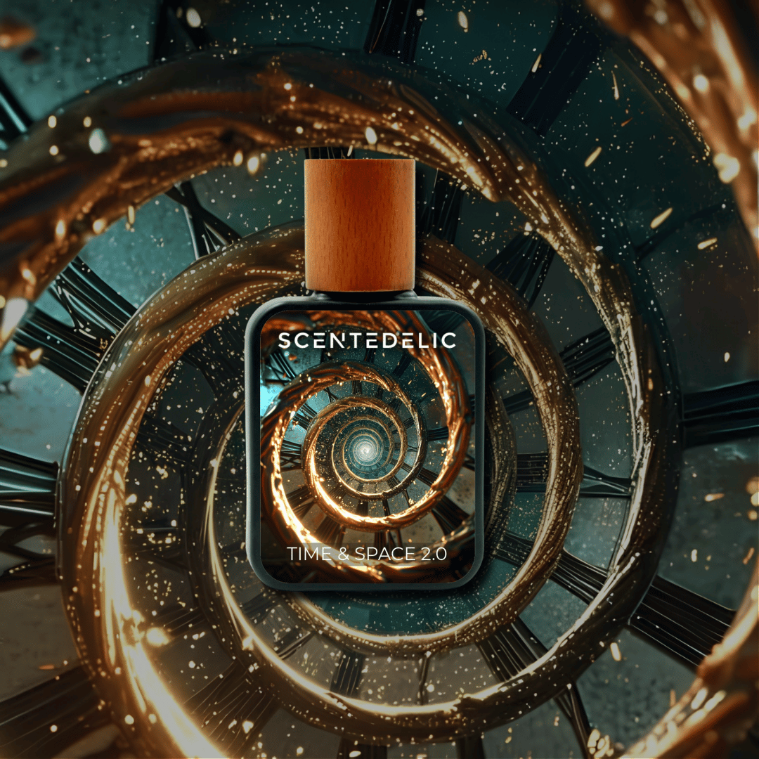 Scentedelic Time & Space 2.0 luxury perfume bottle with a psychedelic golden spiral background.