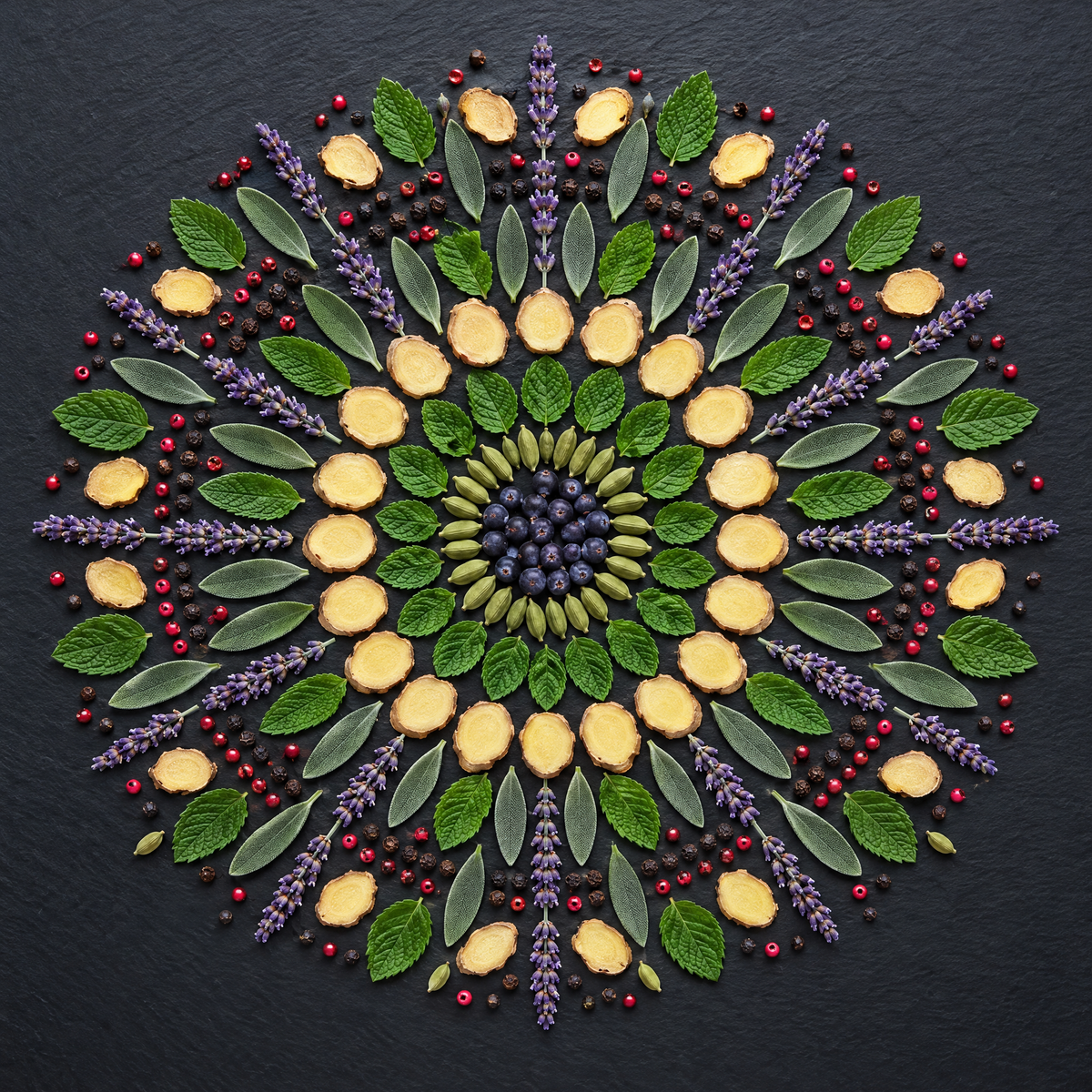 Fresh Spicy: lavender, sage, mint, ginger, cardamom and pepper