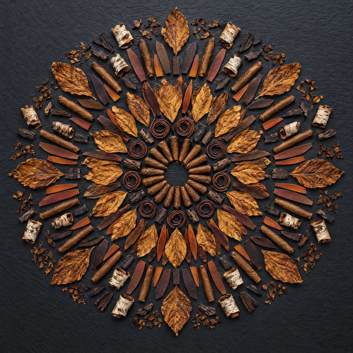 Leather and Tobacco: tobacco leaves, leather strips and smoked wood
