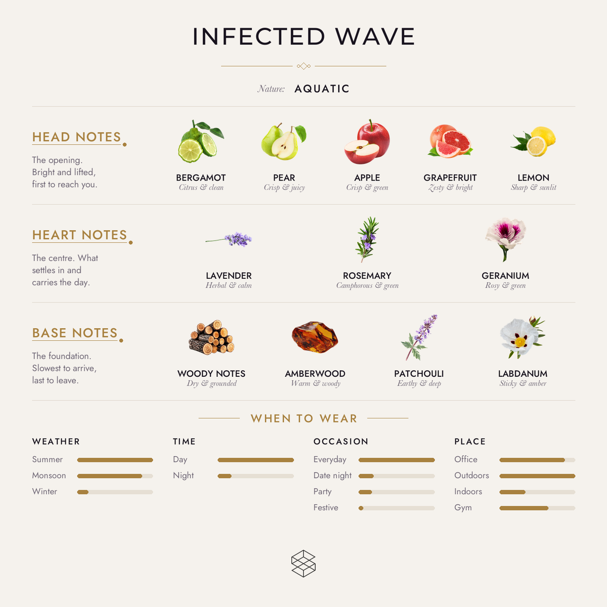 Infected Wave scent notes: sea notes, bergamot, pear; lavender, rosemary, geranium; woody notes, tonka bean, amberwood